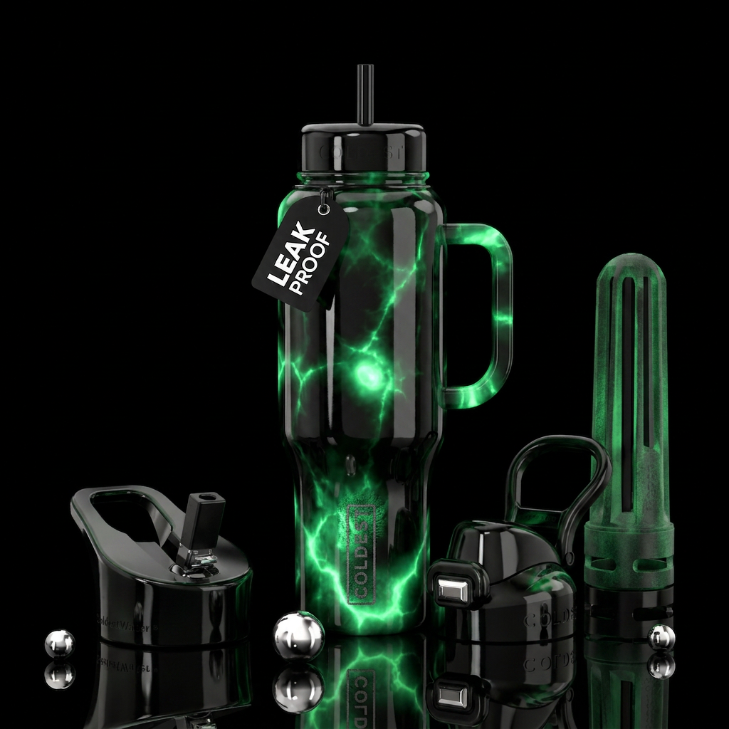 Black with otherworldly green glow in different pa... water bottle design