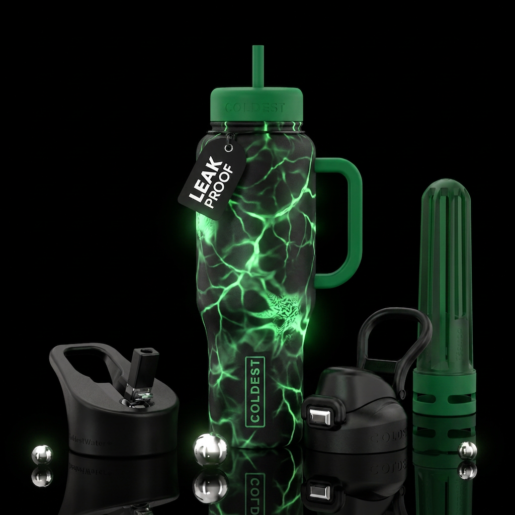 Black with otherworldly green glow in different pa... water bottle design