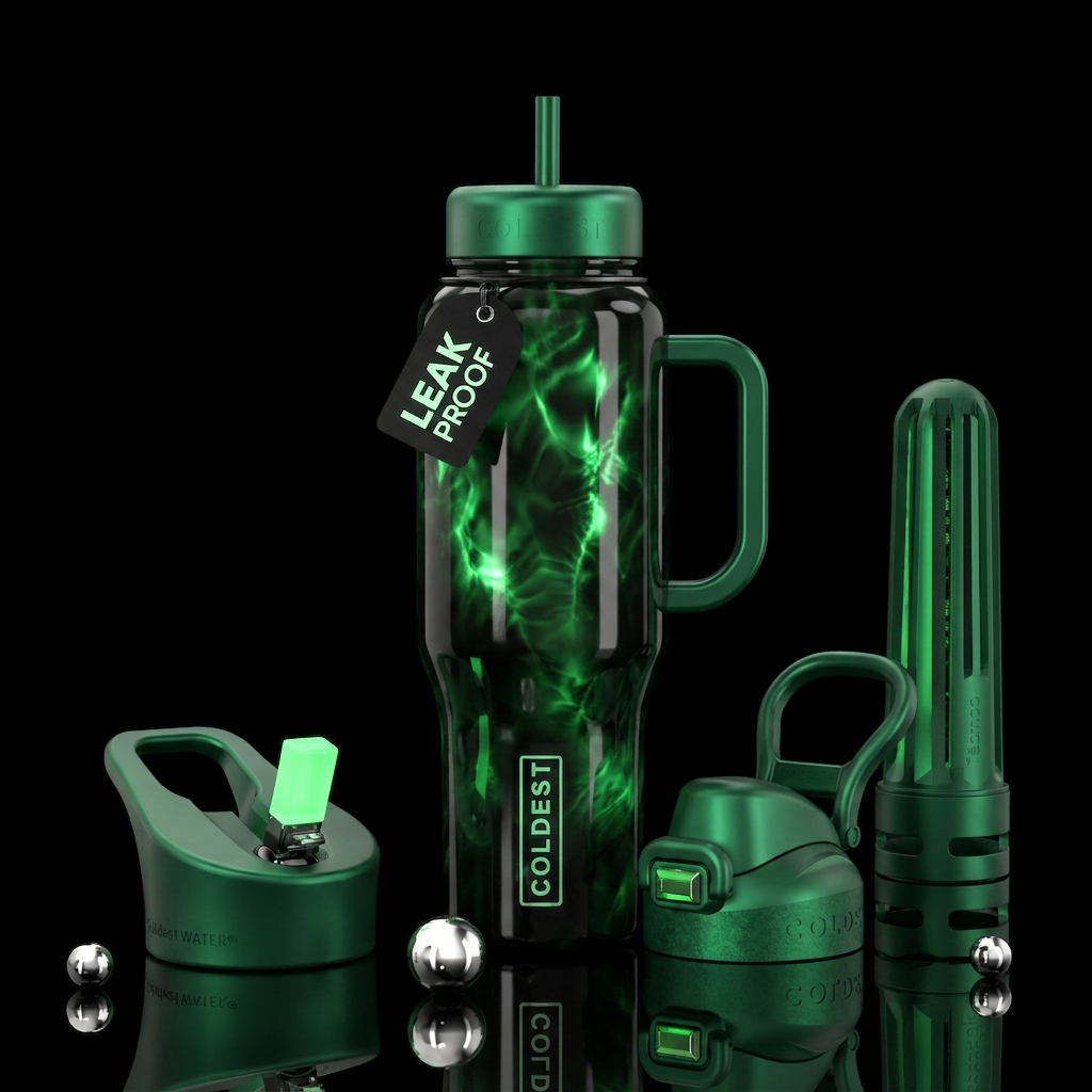 Black with otherworldly green glow in different pa... water bottle design