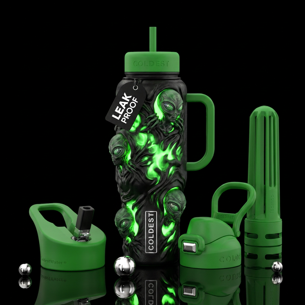 Black with otherworldly green glow in different pa... water bottle design