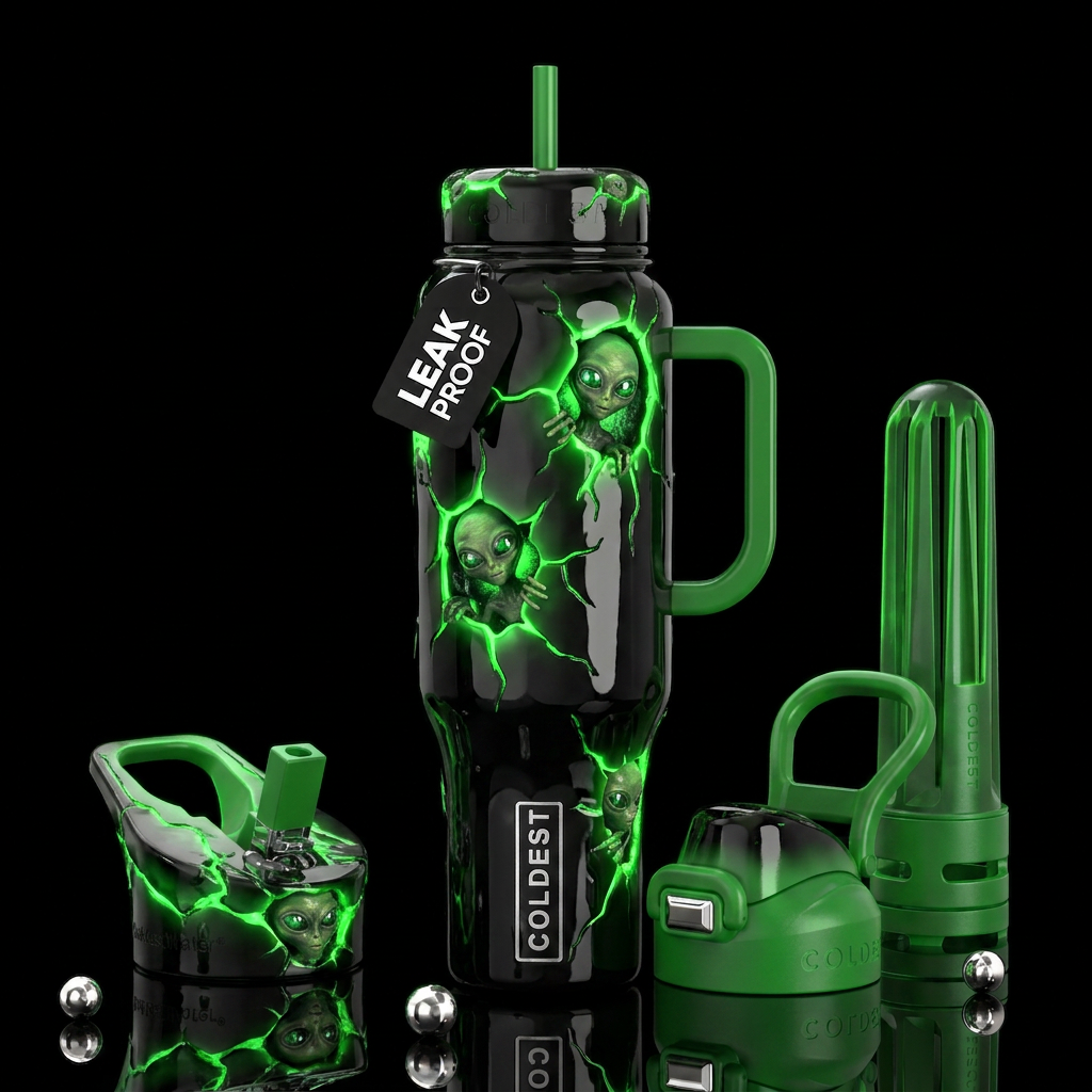 Black with otherworldly green glow in different pa... water bottle design