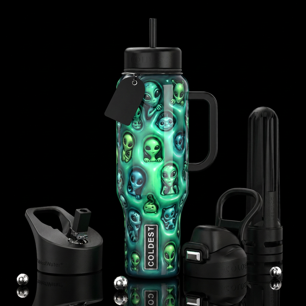 Black with otherworldly green and blue glow in dif... water bottle design