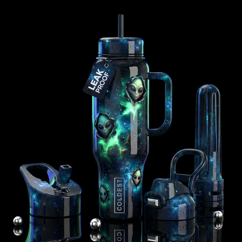 Black with otherworldly green and blue glow in dif... water bottle design