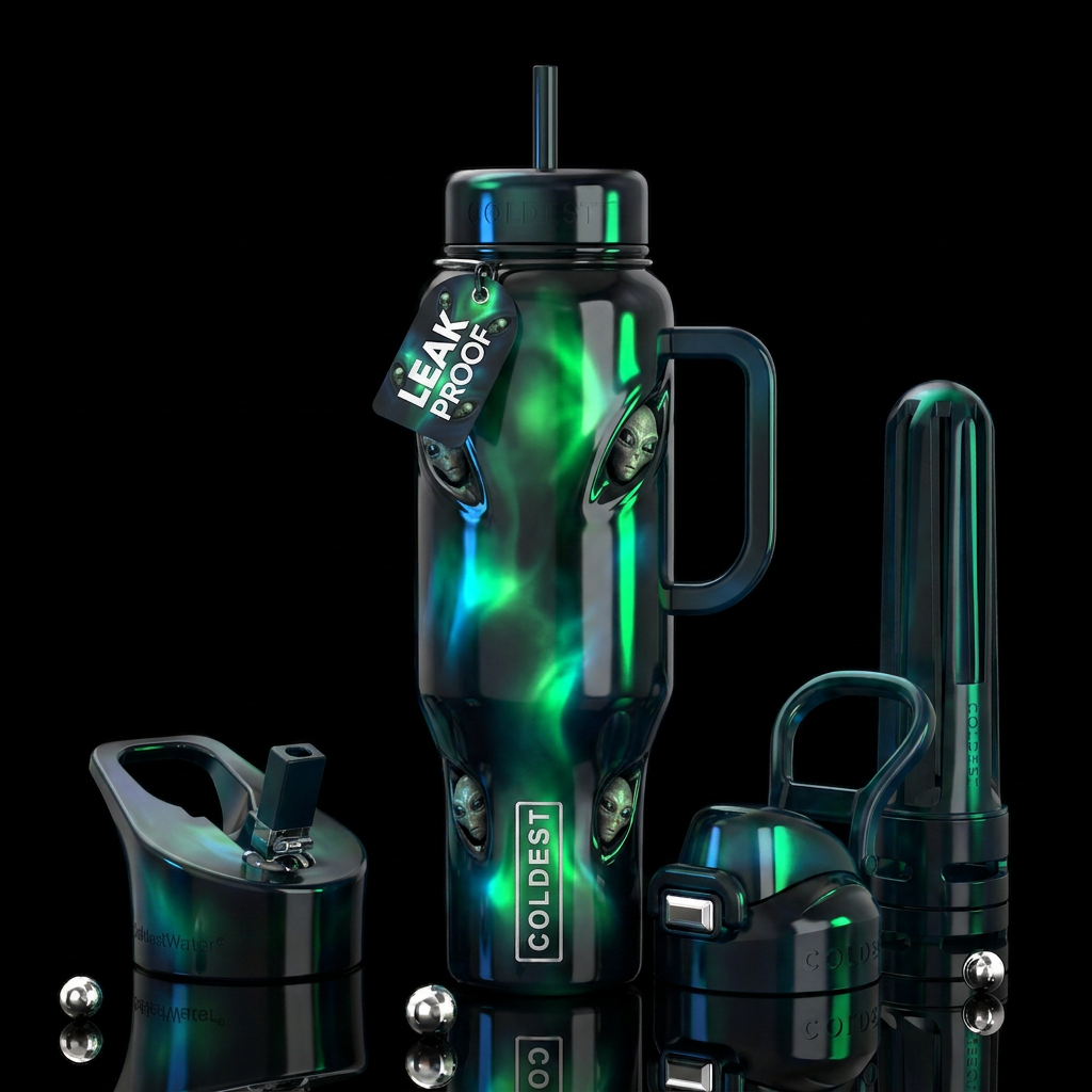 Black with otherworldly green and blue glow in dif... water bottle design