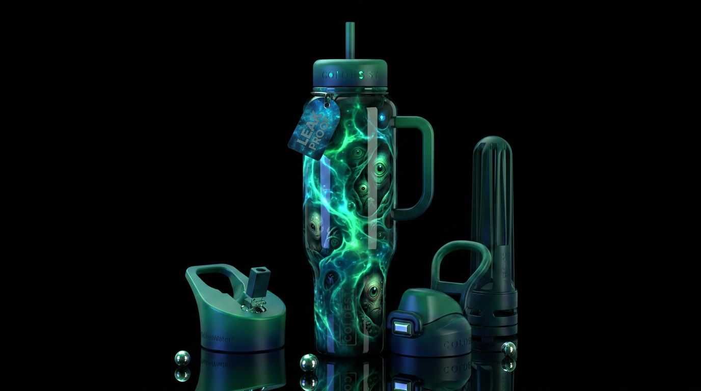 Black with otherworldly green and blue glow in dif... water bottle design