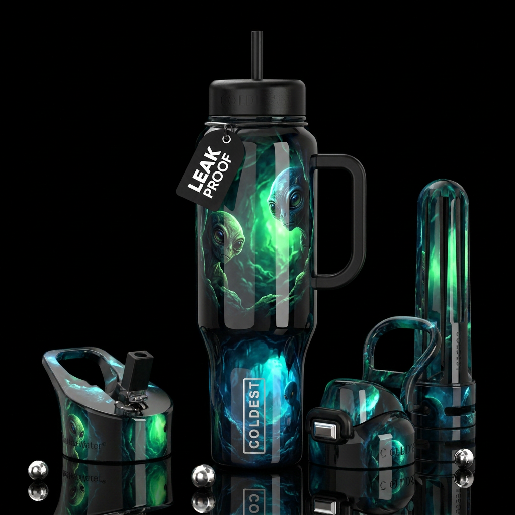 Black with otherworldly green and blue glow in dif... water bottle design