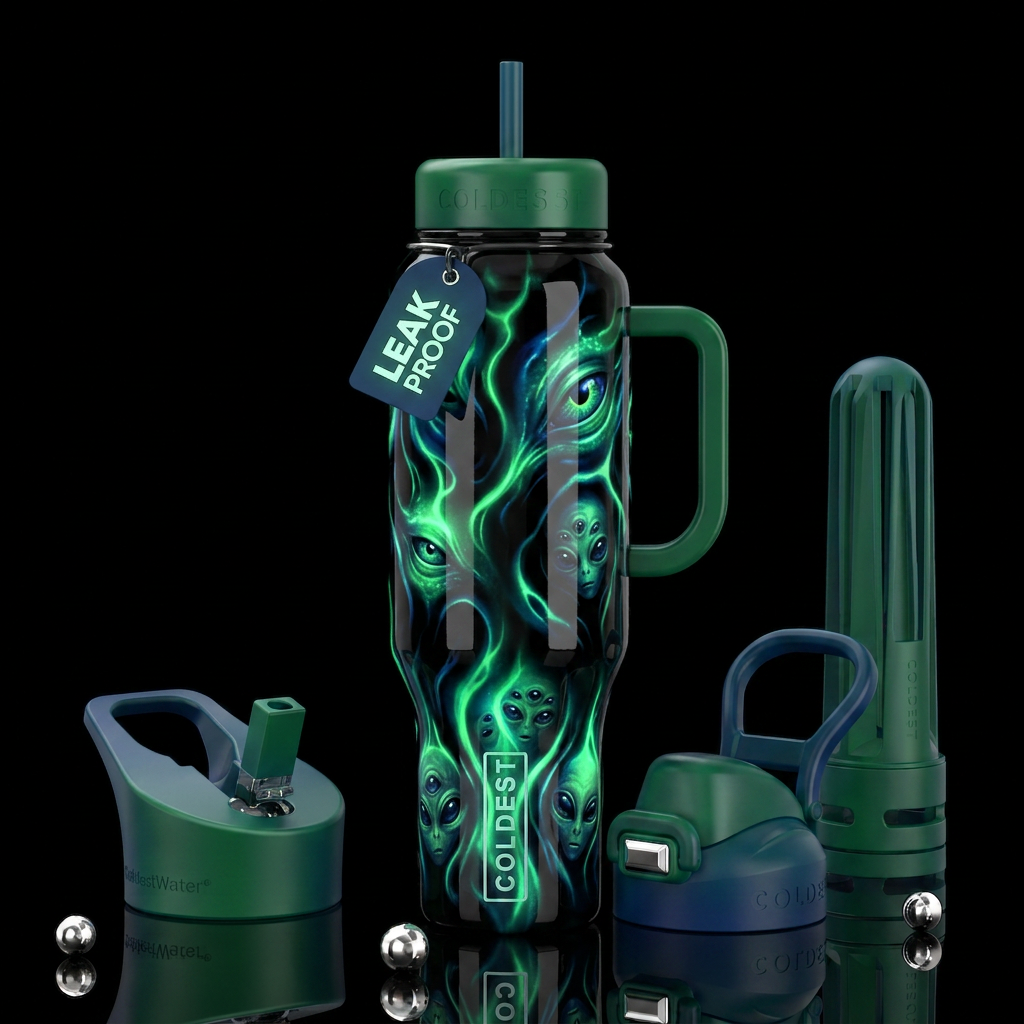 Black with otherworldly green and blue glow in dif... water bottle design