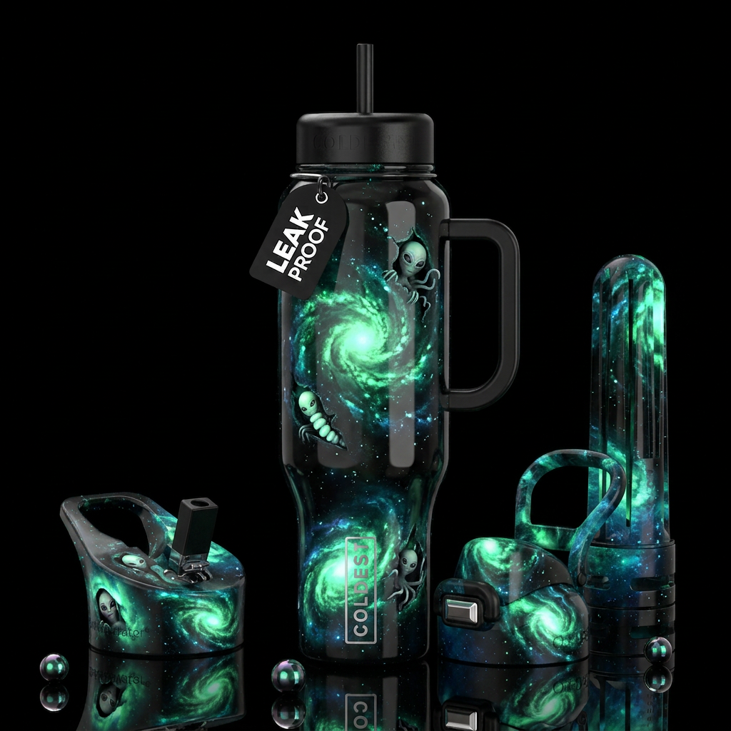 Black with otherworldly green and blue glow in dif... water bottle design