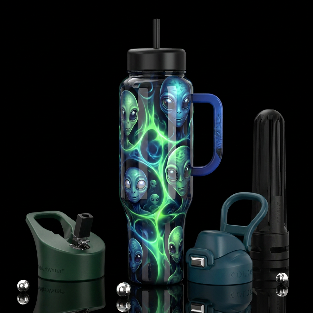 Black with otherworldly green and blue glow in dif... water bottle design