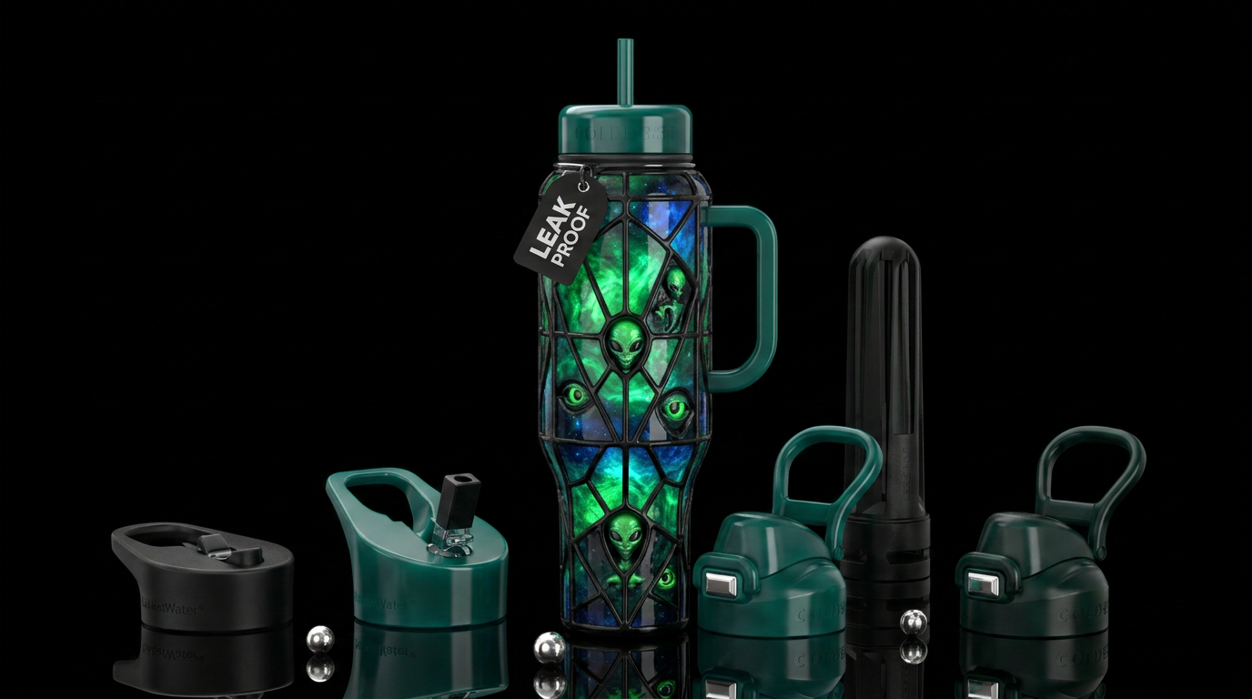 Black with otherworldly green and blue glow in dif... water bottle design