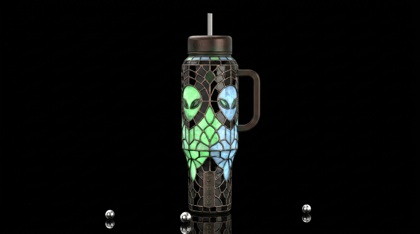 Black with otherworldly green and blue glow in dif... water bottle design