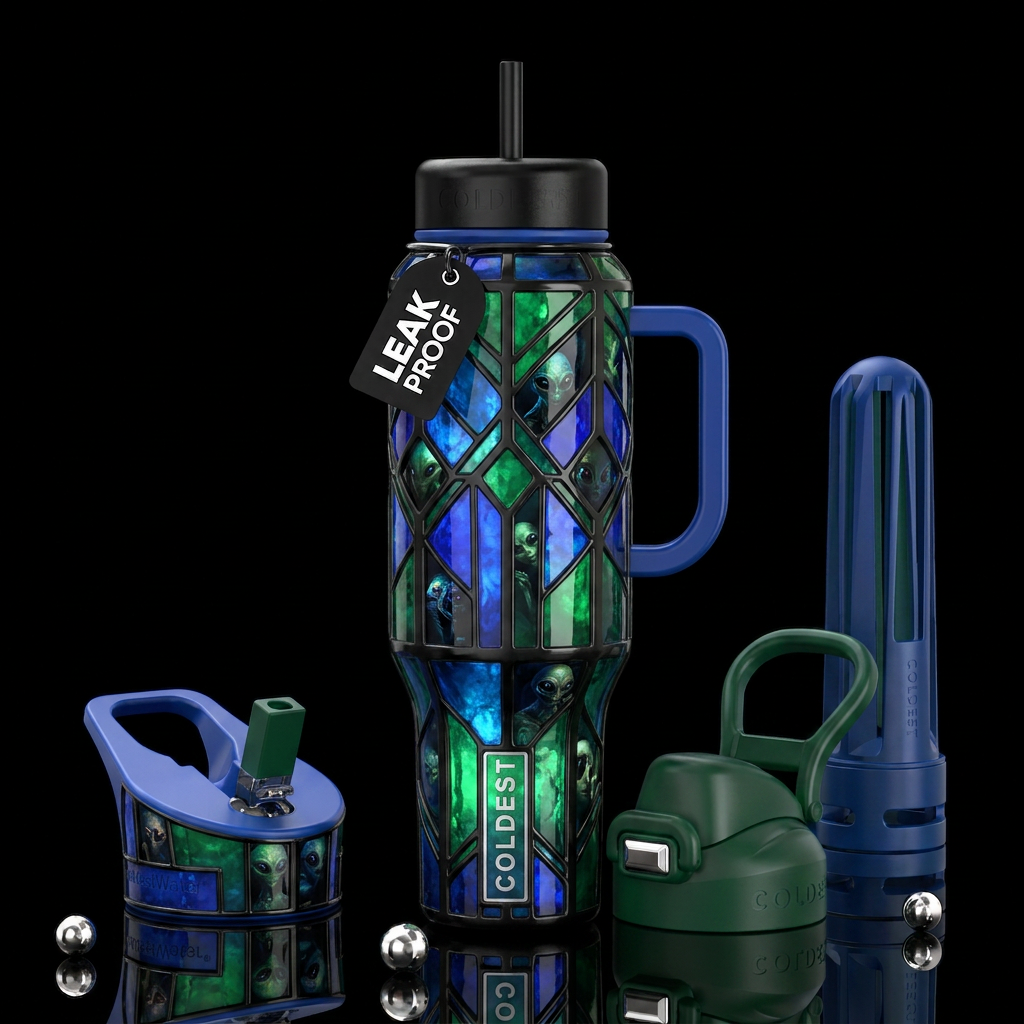 Black with otherworldly green and blue glow in dif... water bottle design