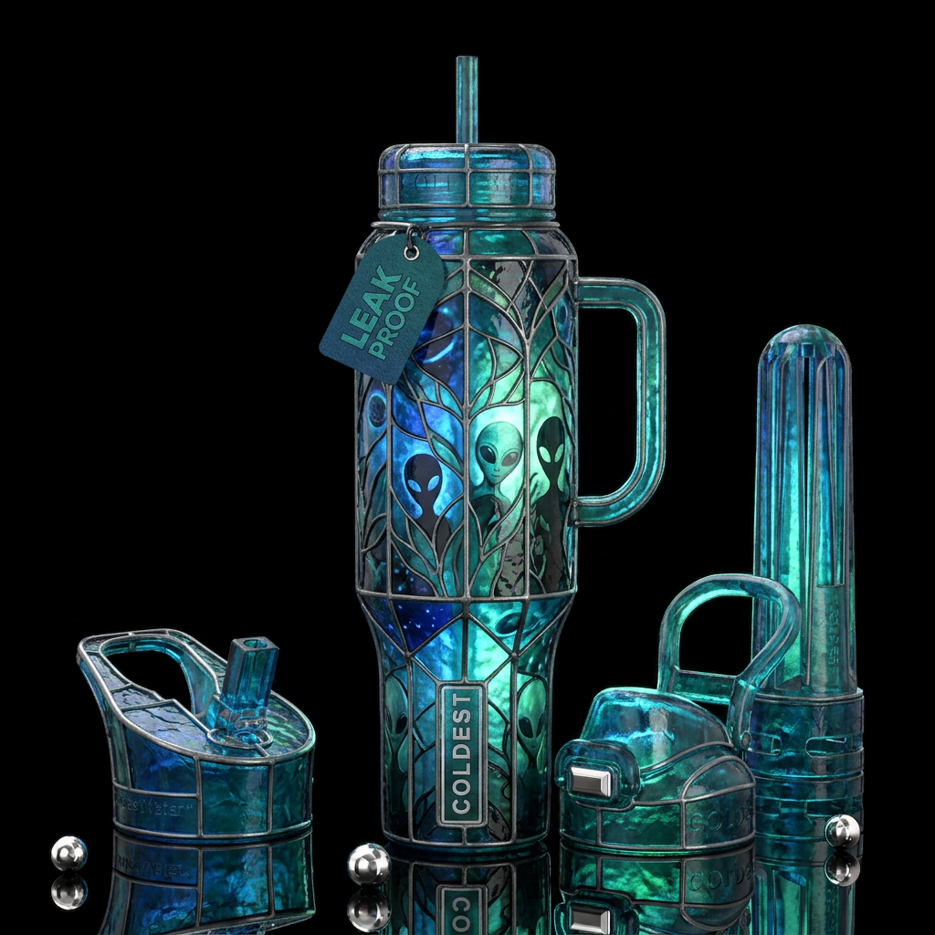 Black with otherworldly green and blue glow in dif... water bottle design