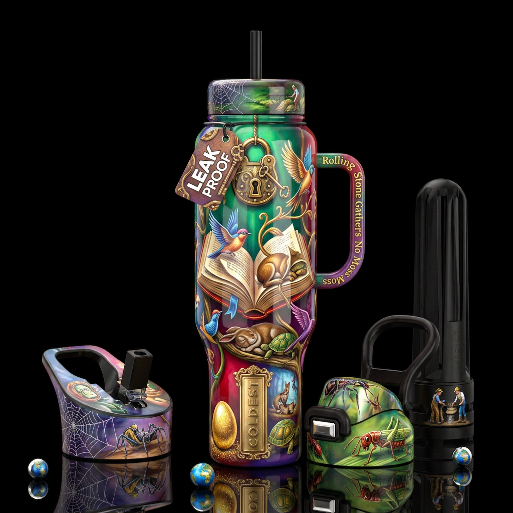 Proverbial, glossy, trompe-l'œil, beautiferous, water bottle design