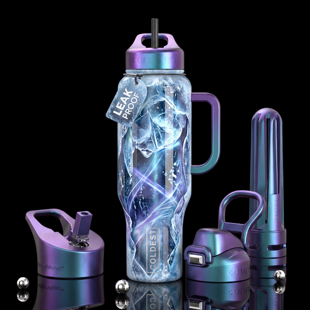 A dream of ice and glow, glossy, trompe-l'œil, bea... water bottle design