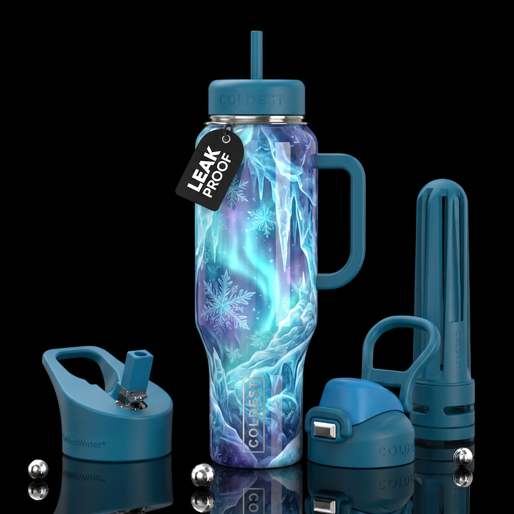 A dream of ice and glow, glossy, trompe-l'œil, bea... water bottle design
