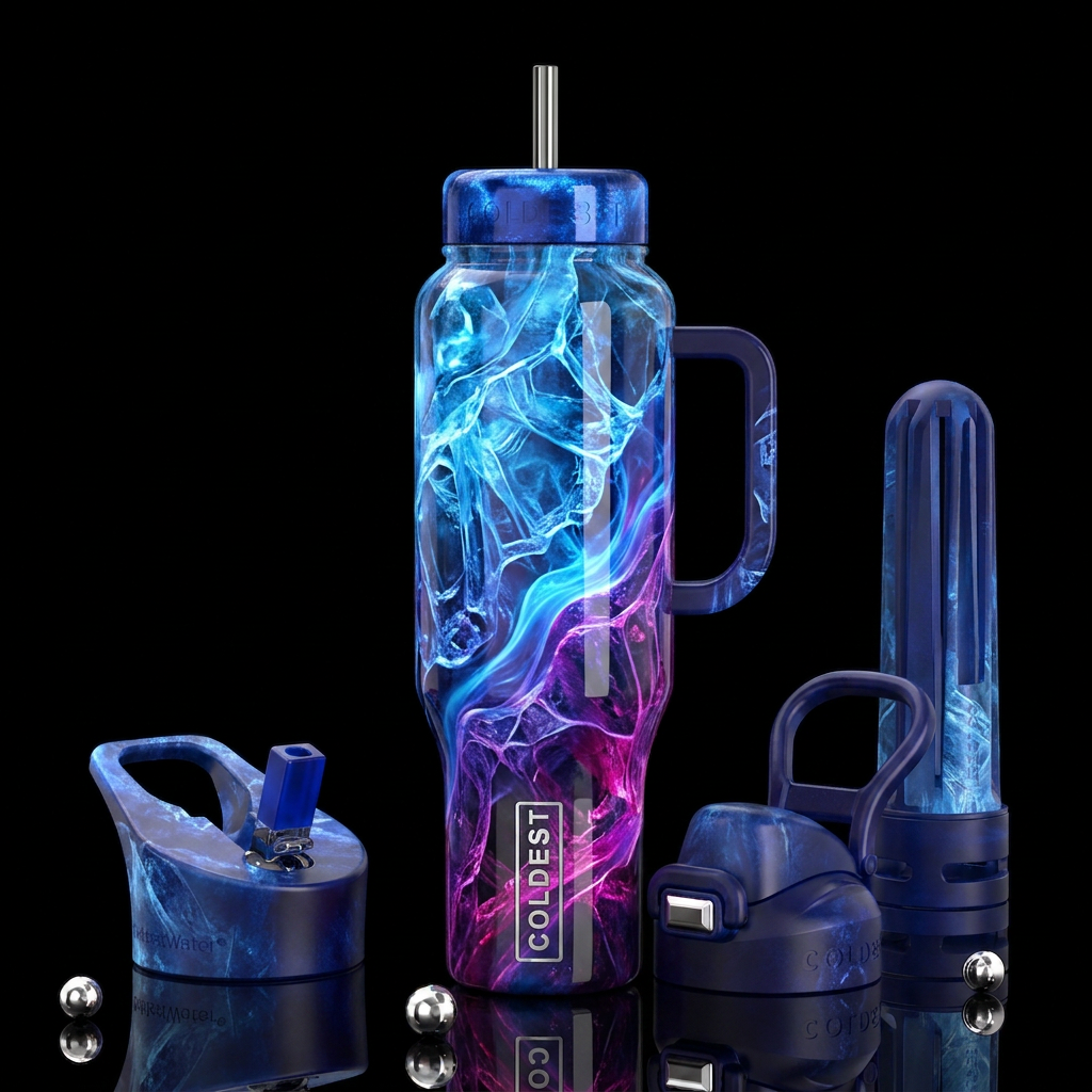 A dream of ice and glow, glossy, trompe-l'œil, bea... water bottle design