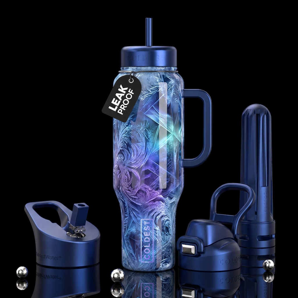 A dream of ice and glow, glossy, trompe-l'œil, bea... water bottle design