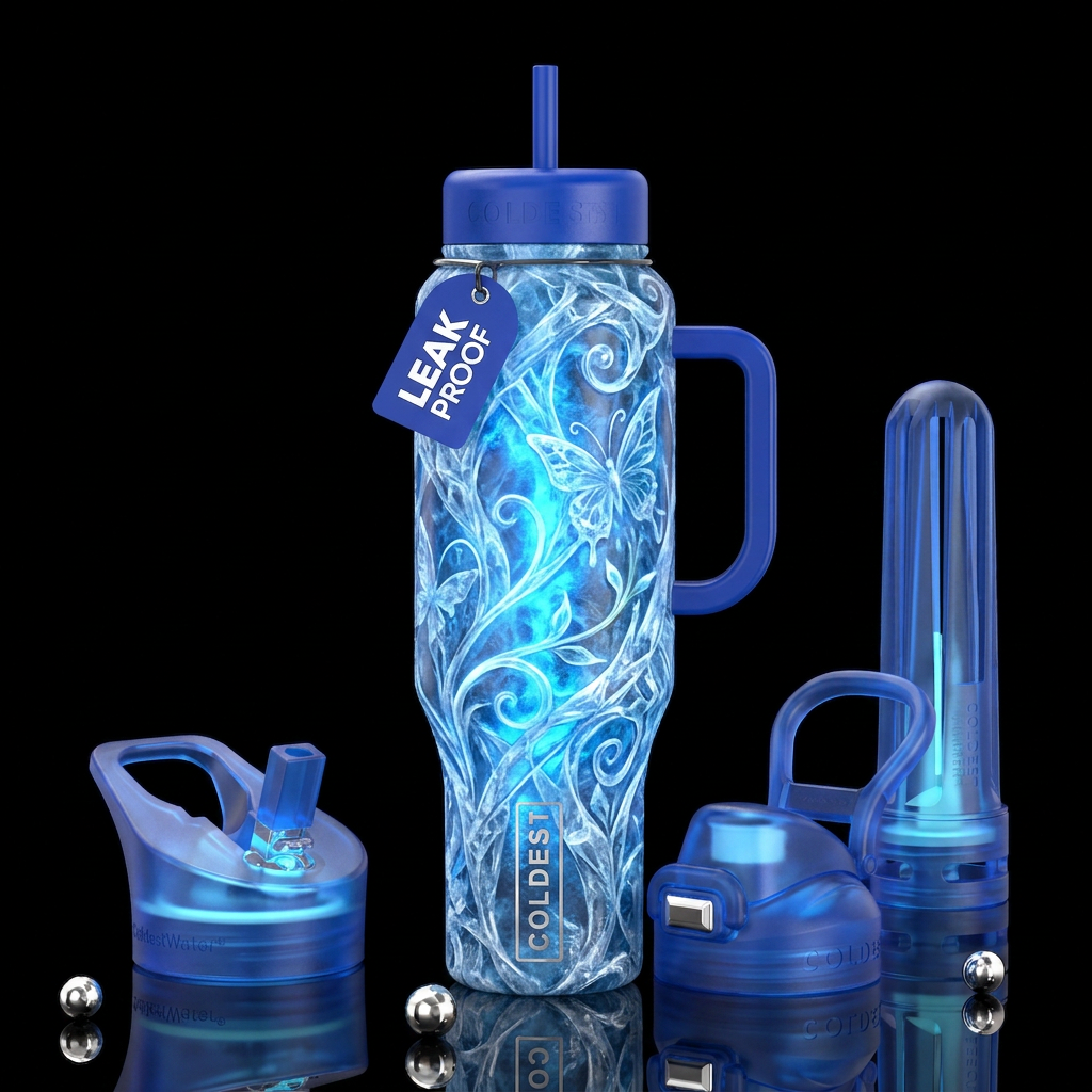 A dream of ice and glow, glossy, trompe-l'œil, bea... water bottle design