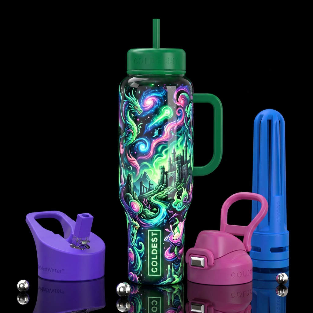 Insane glow in the dark fantasies, glossy, trompe-... water bottle design