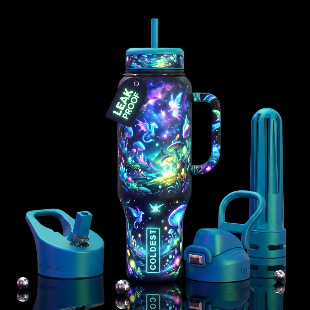 Insane glow in the dark fantasies, glossy, trompe-... water bottle design