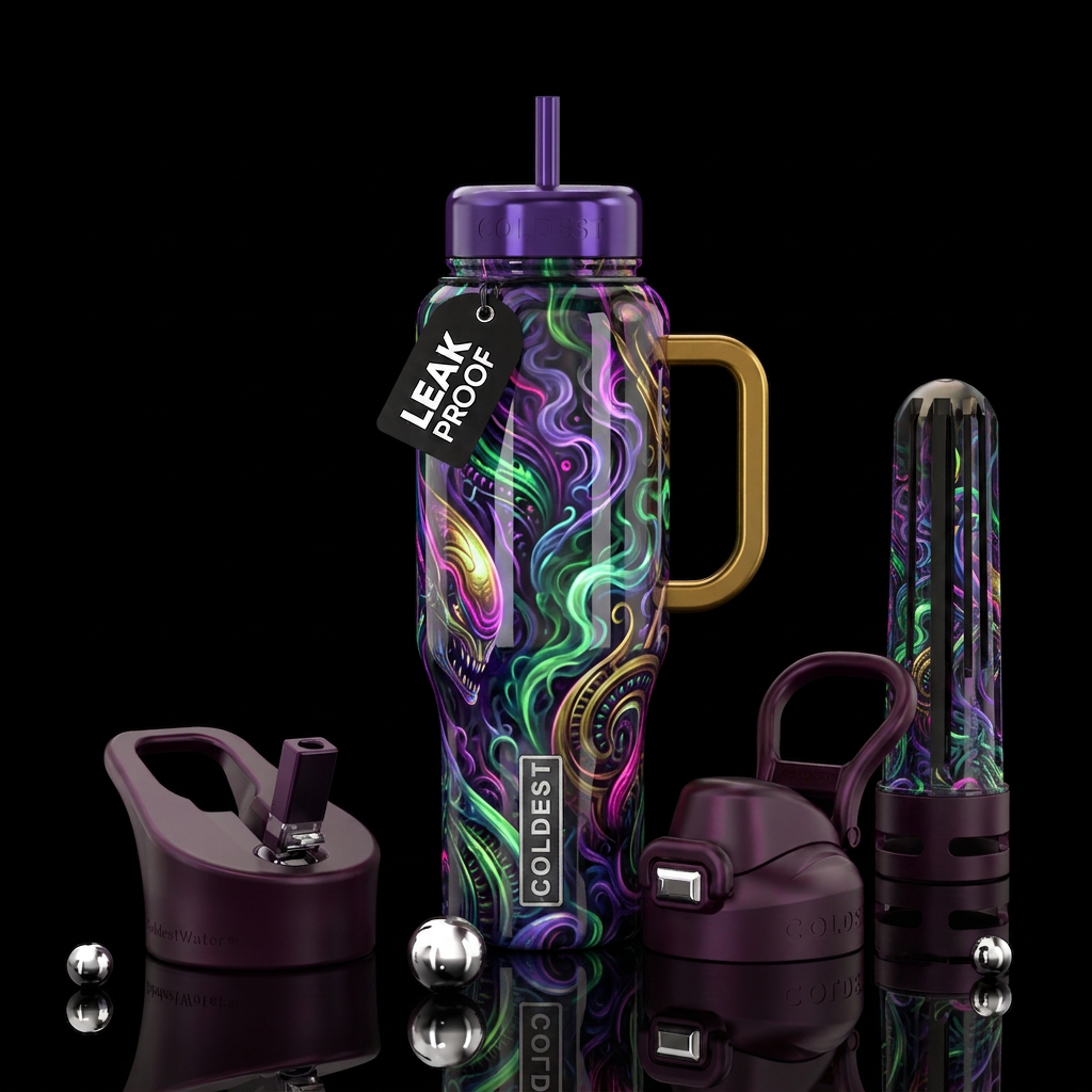 Insane nefarious art glow in the dark, glossy, tro... water bottle design