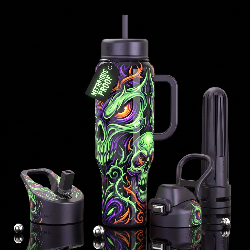 Insane nefarious art glow in the dark, glossy, tro... water bottle design