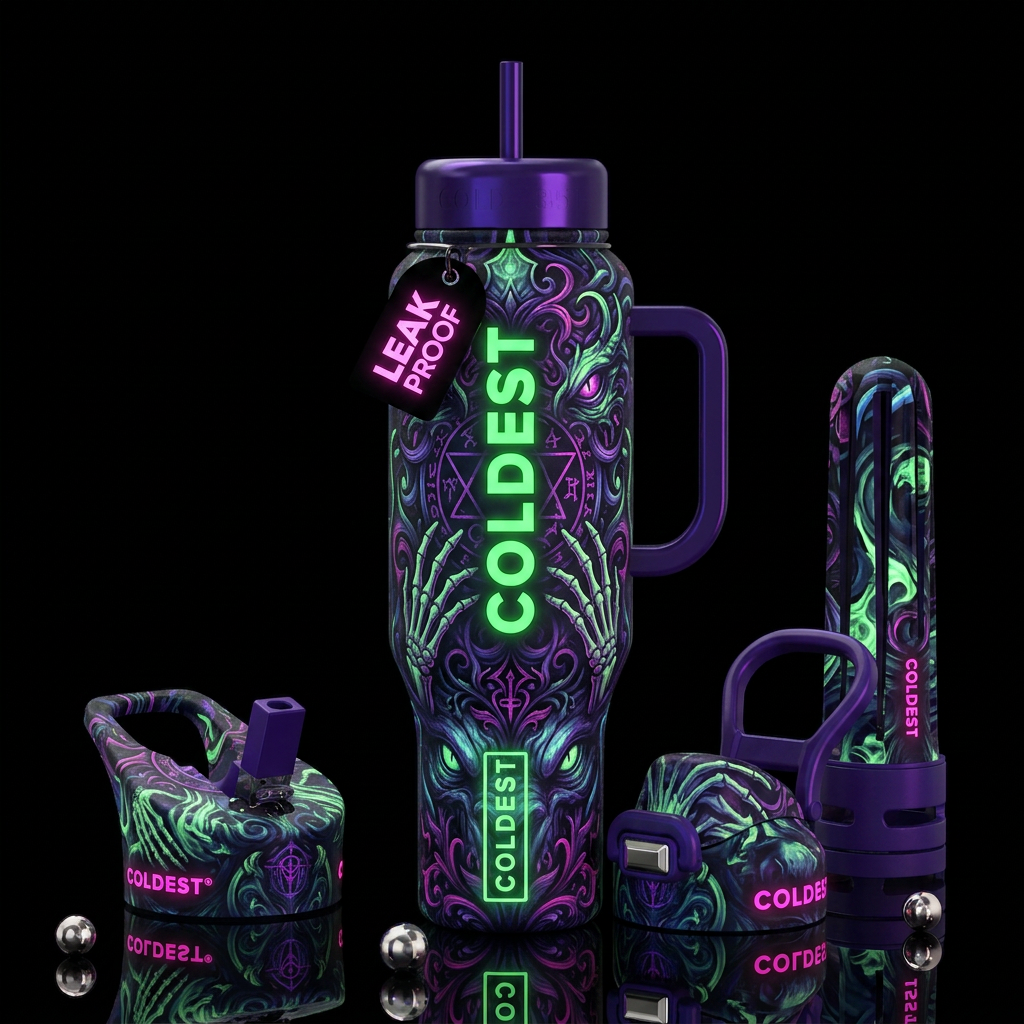 Insane nefarious art glow in the dark, glossy, tro... water bottle design