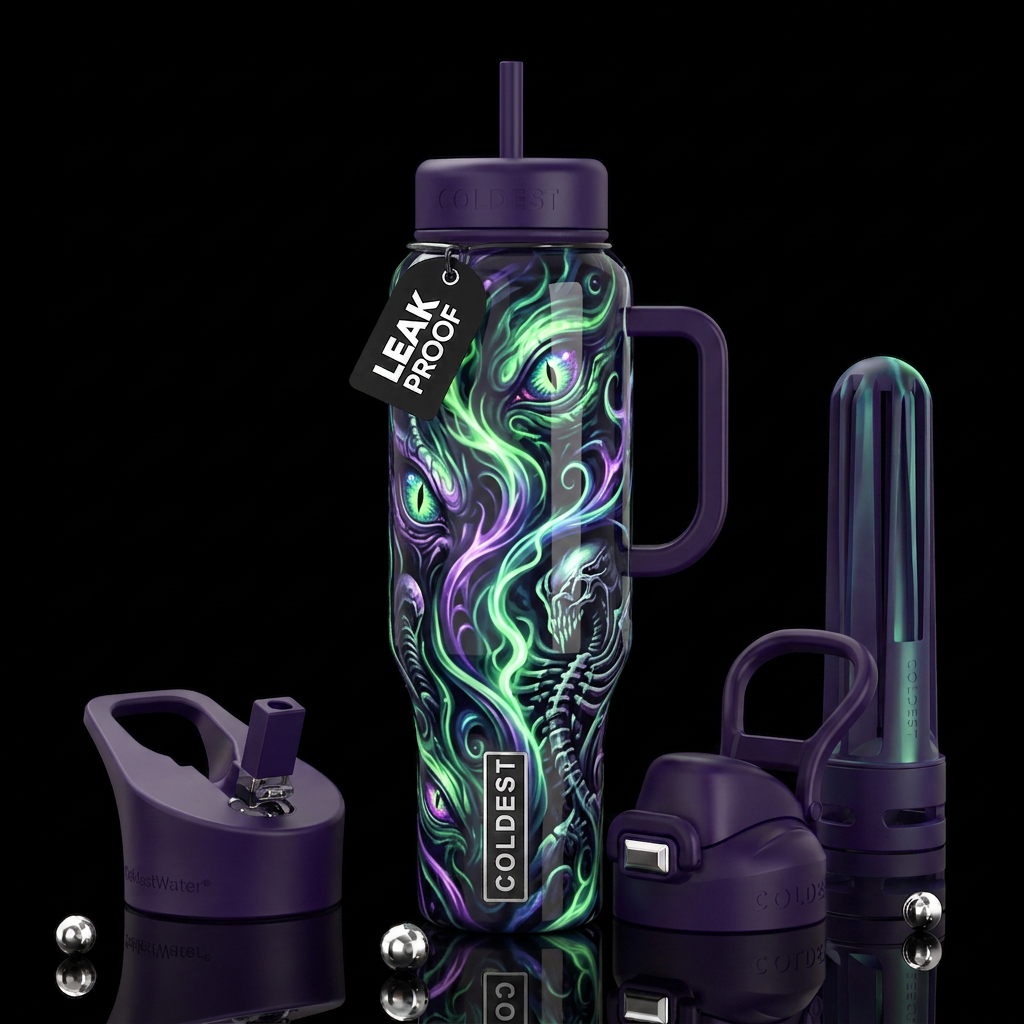 Insane nefarious art glow in the dark, glossy, tro... water bottle design