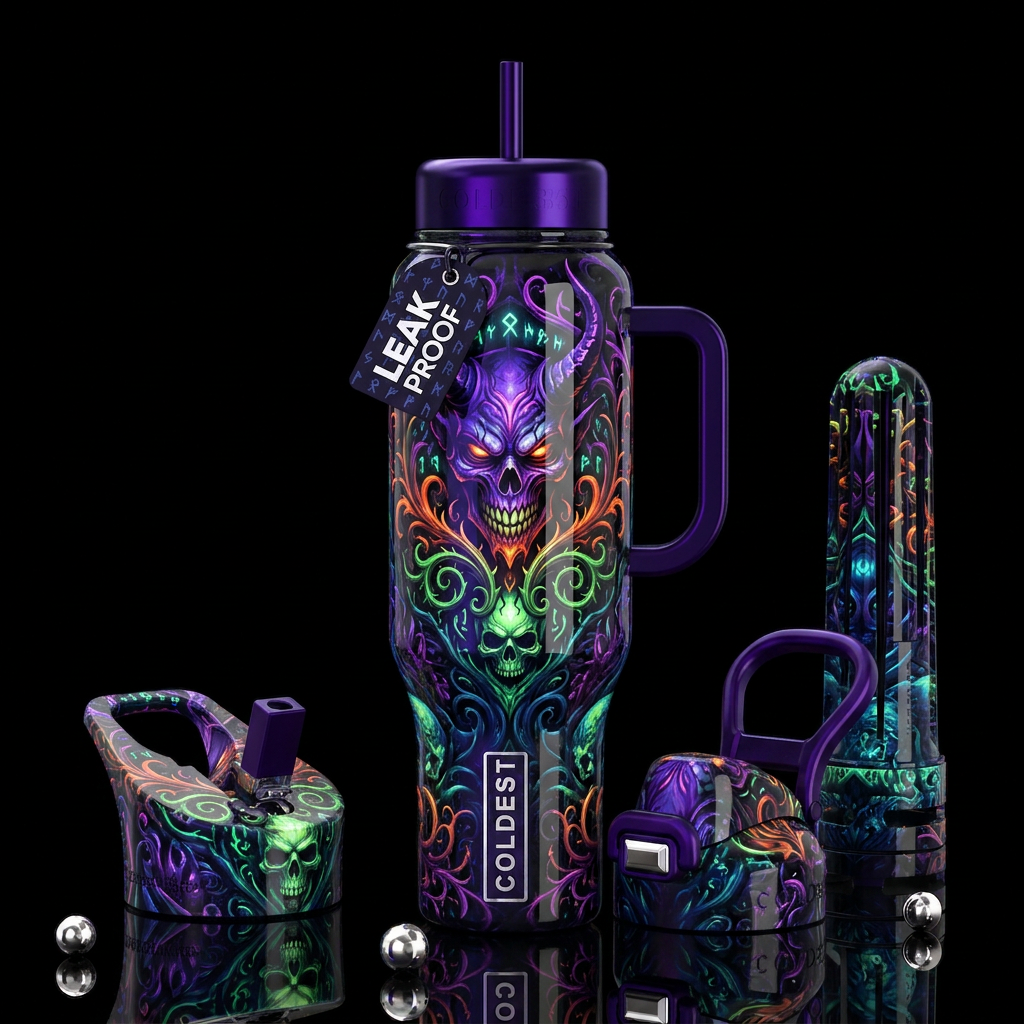 Insane nefarious art glow in the dark, glossy, tro... water bottle design