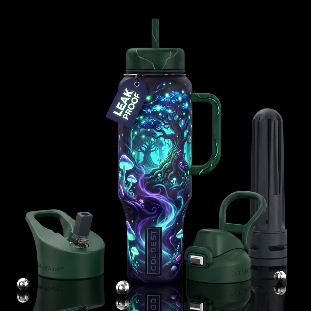 Insane night forest art glow in the dark, glossy, ... water bottle design