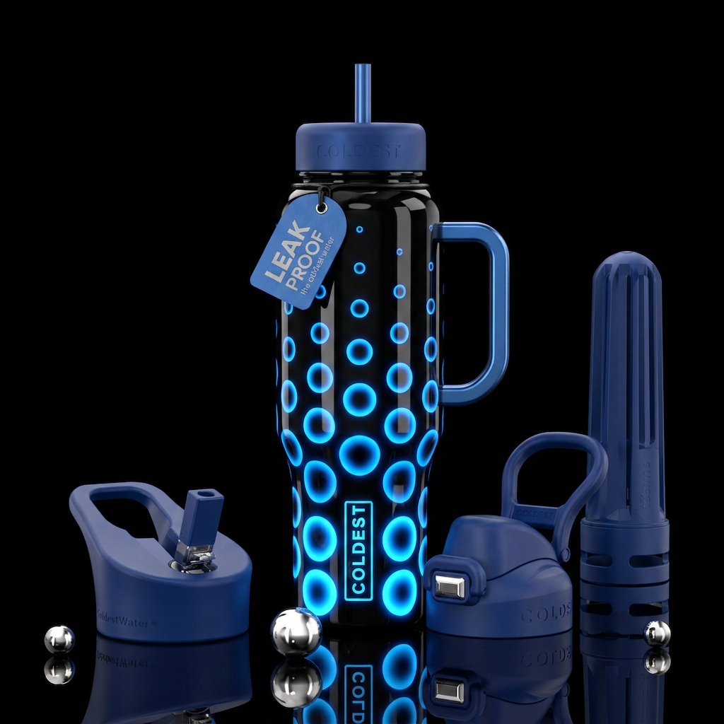 Glossy black background glowie blue circles larger... water bottle design