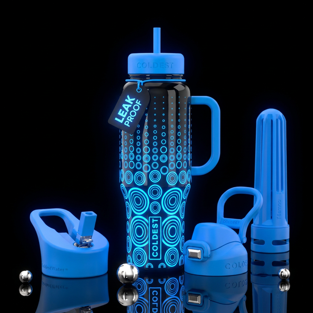 Glossy black background glowie blue circles larger... water bottle design