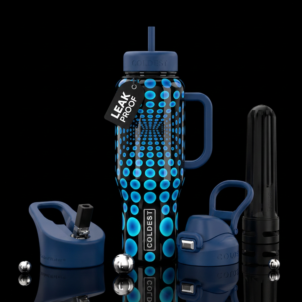 Glossy black background glowie blue circles larger... water bottle design