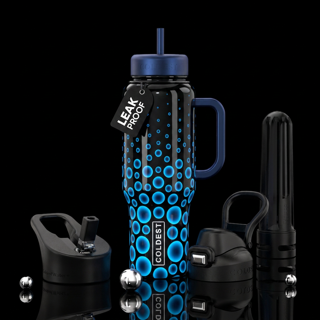Glossy black background glowie blue circles larger... water bottle design