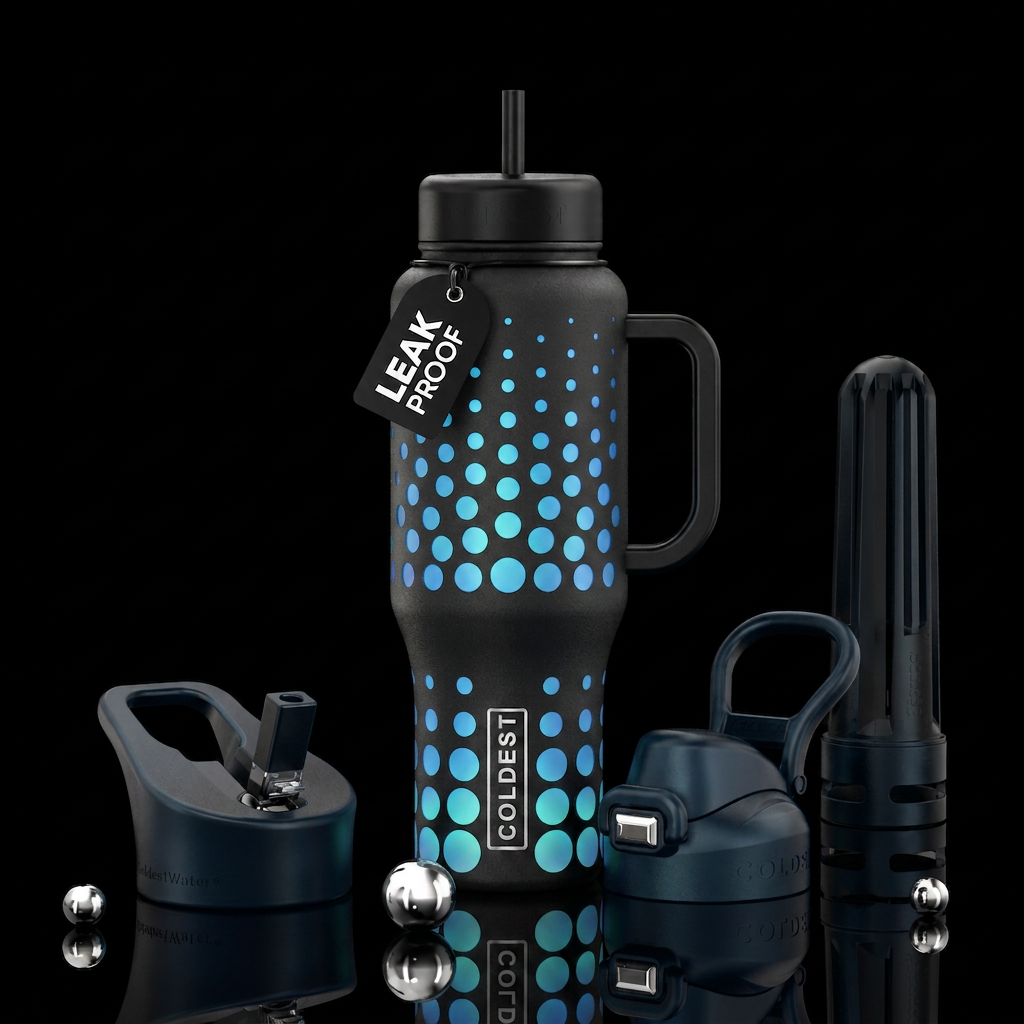 Glossy black background glowie blue circles larger... water bottle design