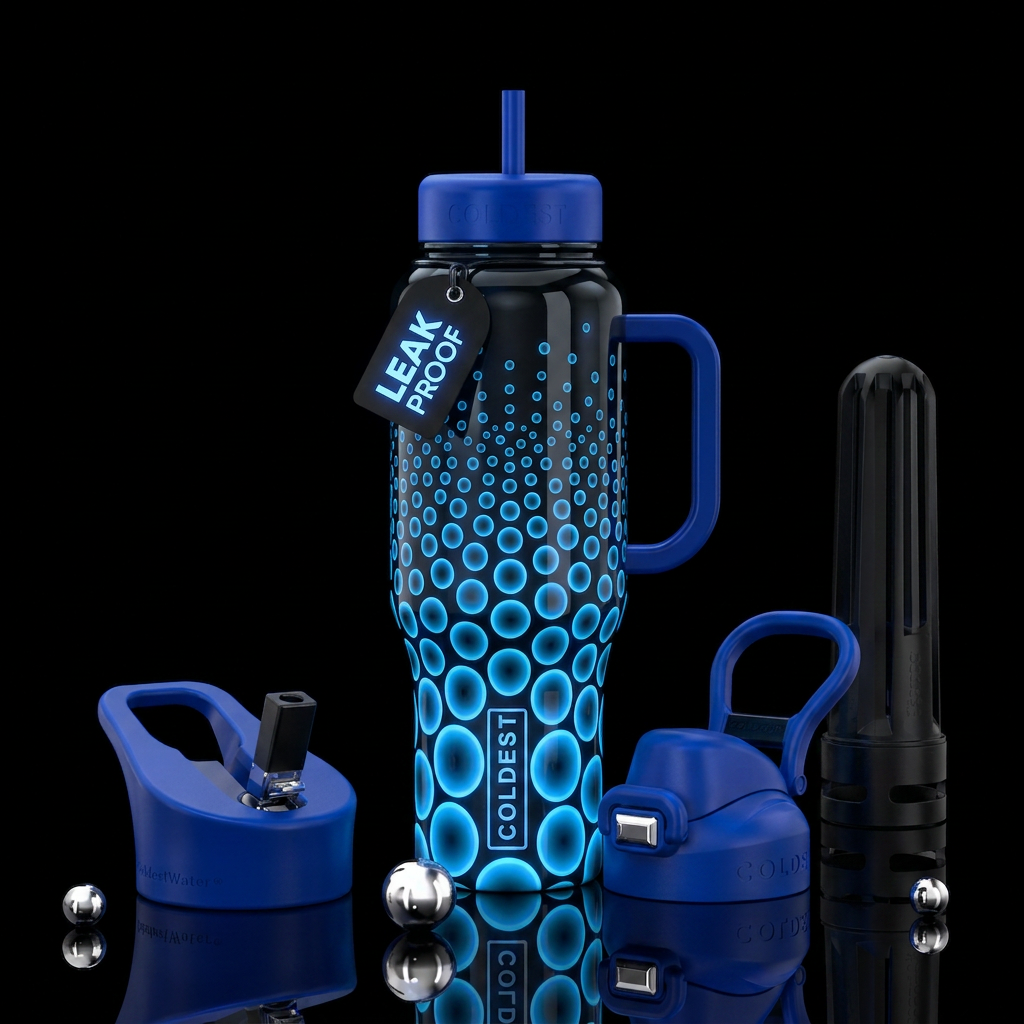 Glossy black background glowie blue circles larger... water bottle design