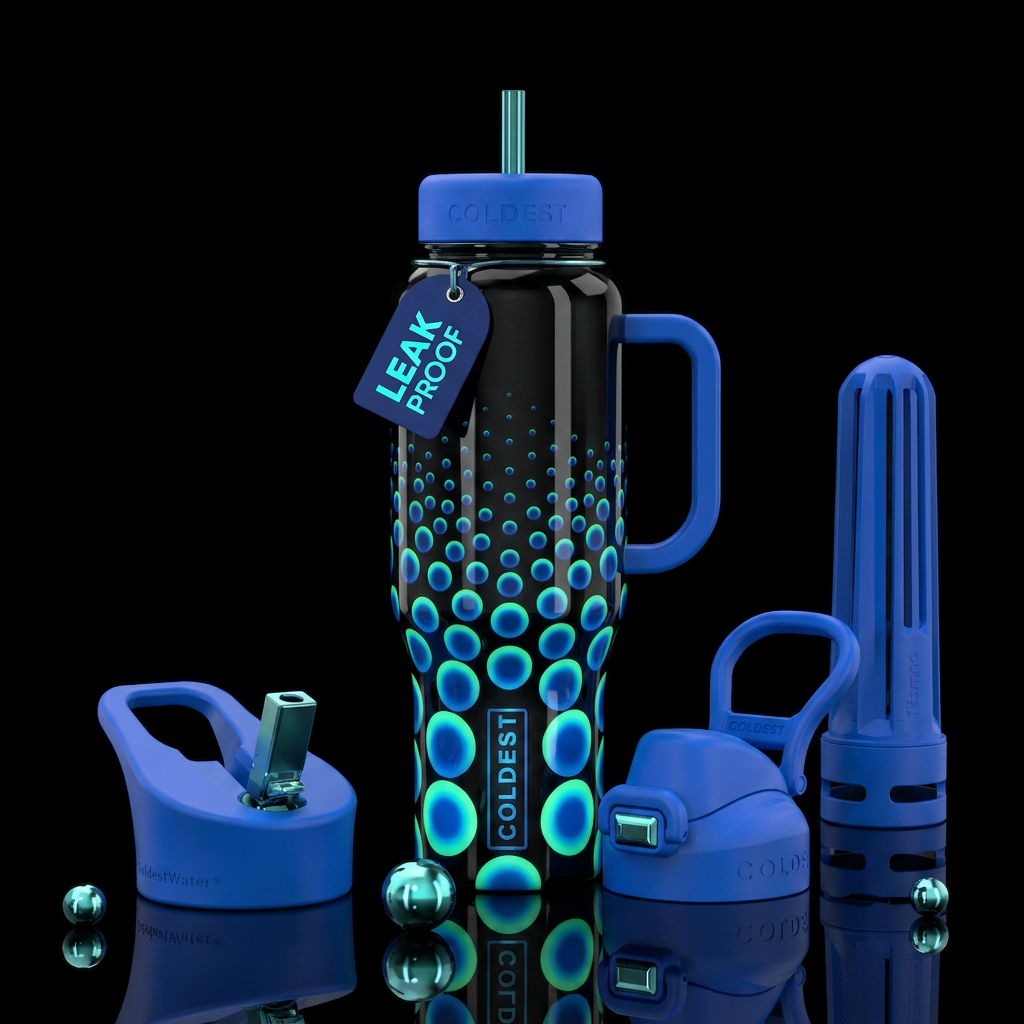Glossy black background glowie blue green circles ... water bottle design