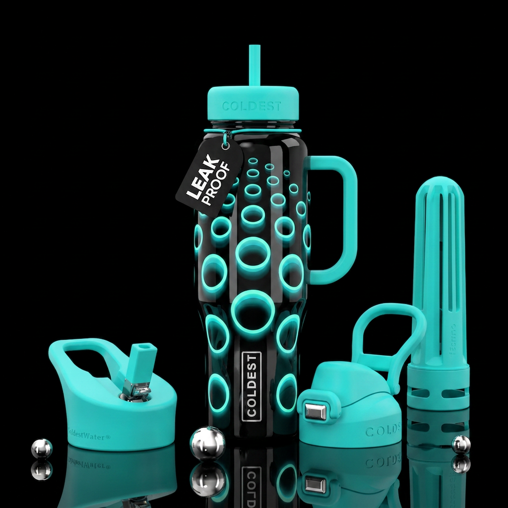 Glossy black background glowie blue green circles ... water bottle design