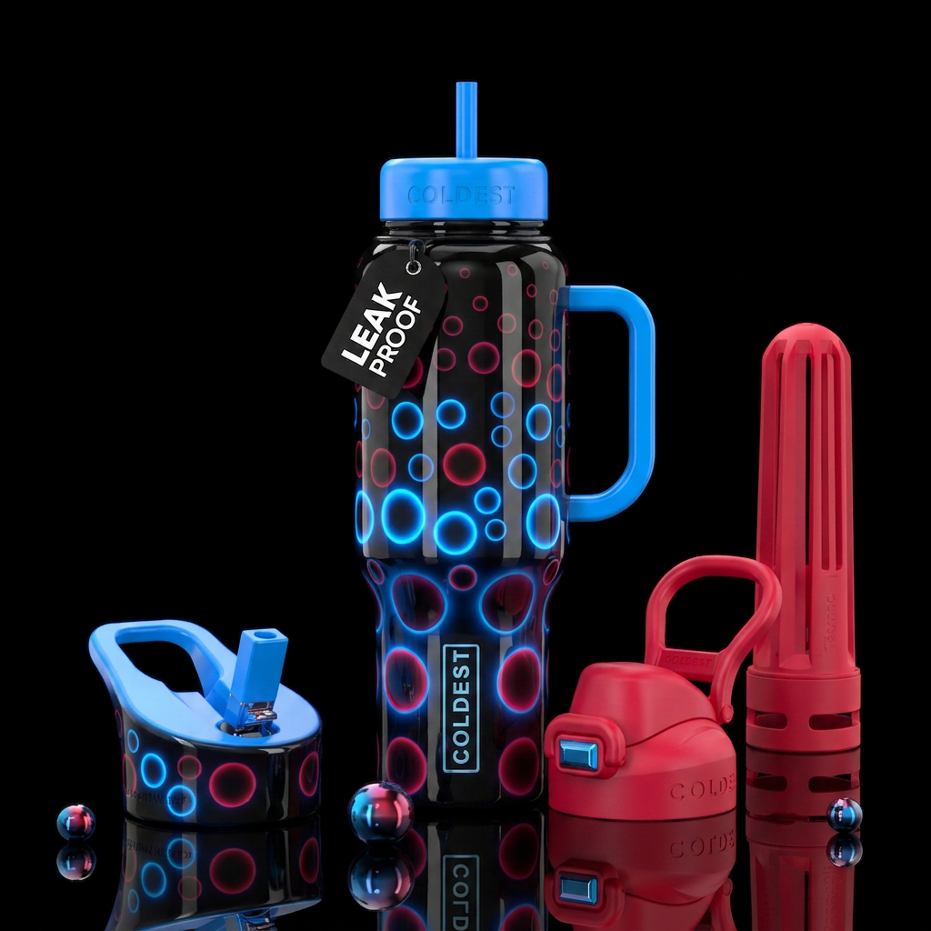 Glossy black background glowie blue red circles la... water bottle design