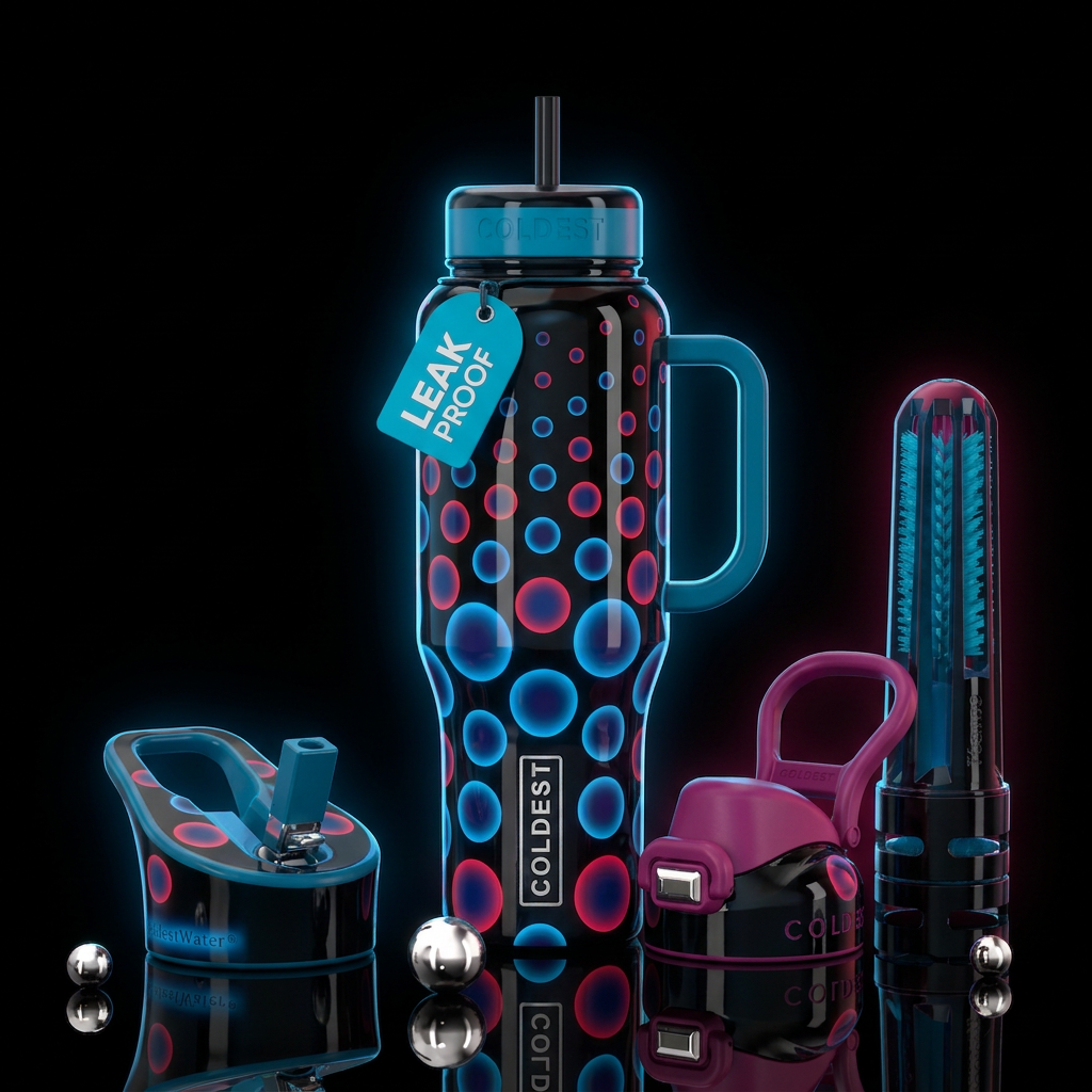Glossy black background glowie blue red circles la... water bottle design