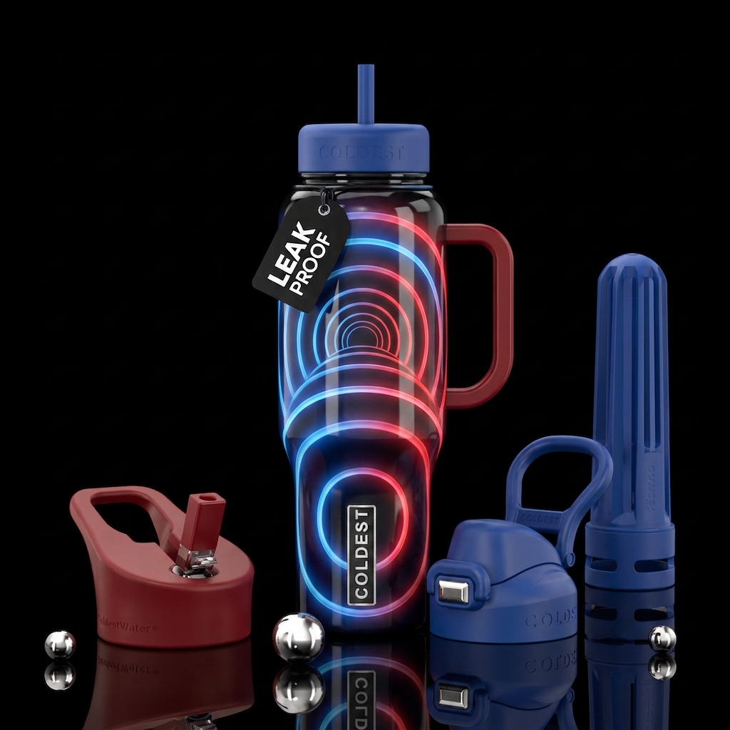 Glossy black background glowie blue red circles la... water bottle design