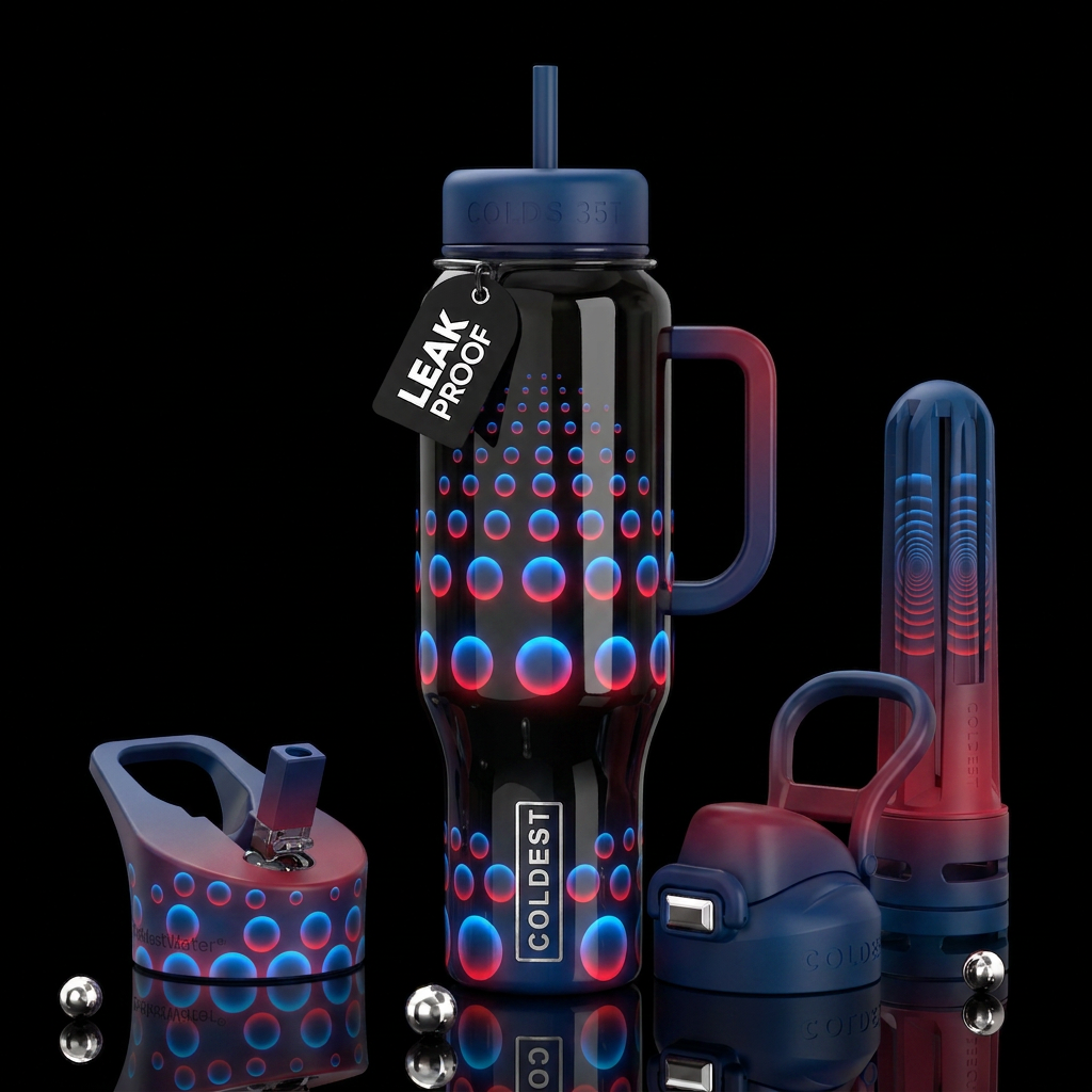 Glossy black background glowie blue red circles la... water bottle design