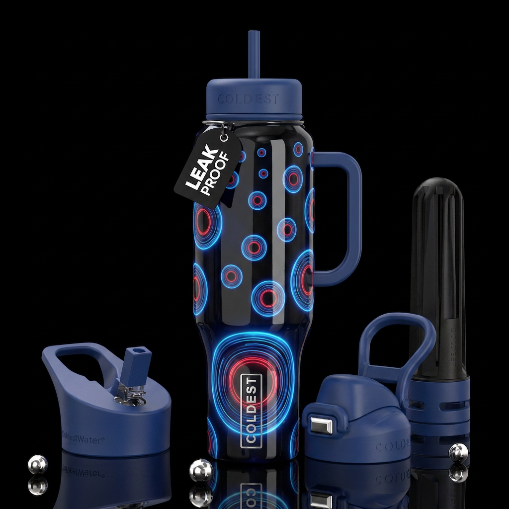 Glossy black background glowie blue red circles la... water bottle design