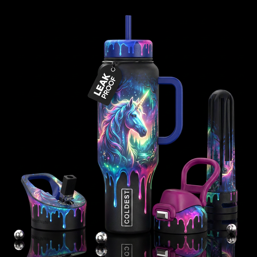 Beautiful unicorn scene dripping,trompe-l'œil, bea... water bottle design