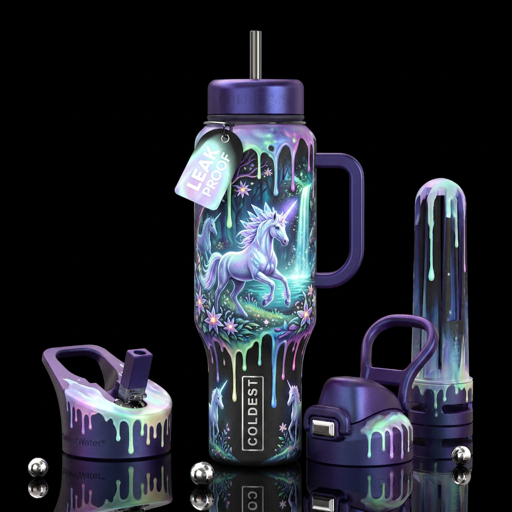 Beautiful unicorn fantasy scene dripping,trompe-l'... water bottle design