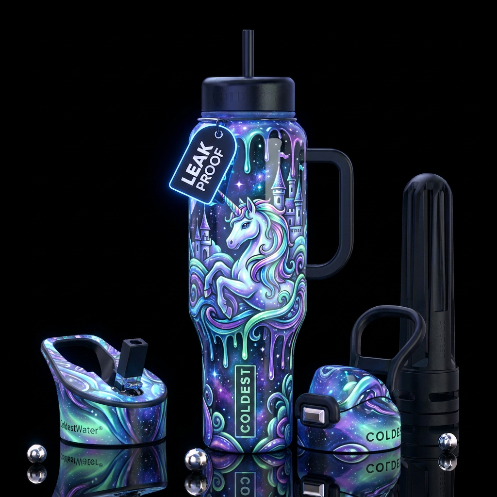 Beautiful unicorn fantasy scene dripping,glossy,tr... water bottle design