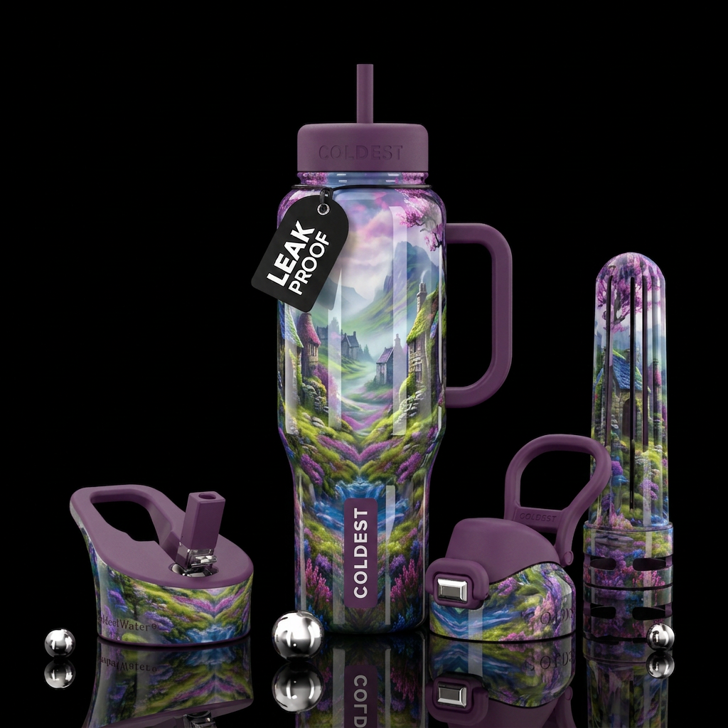 Brigadoon, glossy, trompe-l'œil, beautiferous water bottle design
