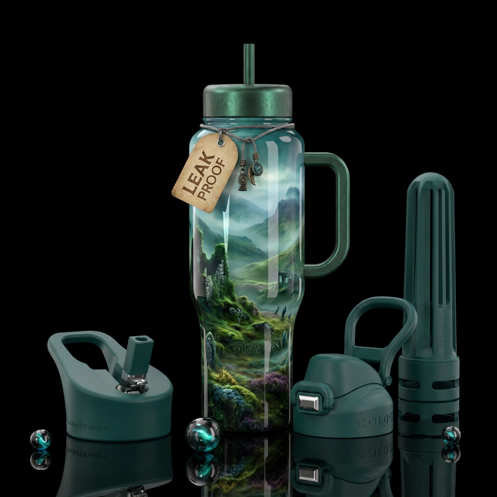 Brigadoon, glossy, trompe-l'œil, beautiferous water bottle design