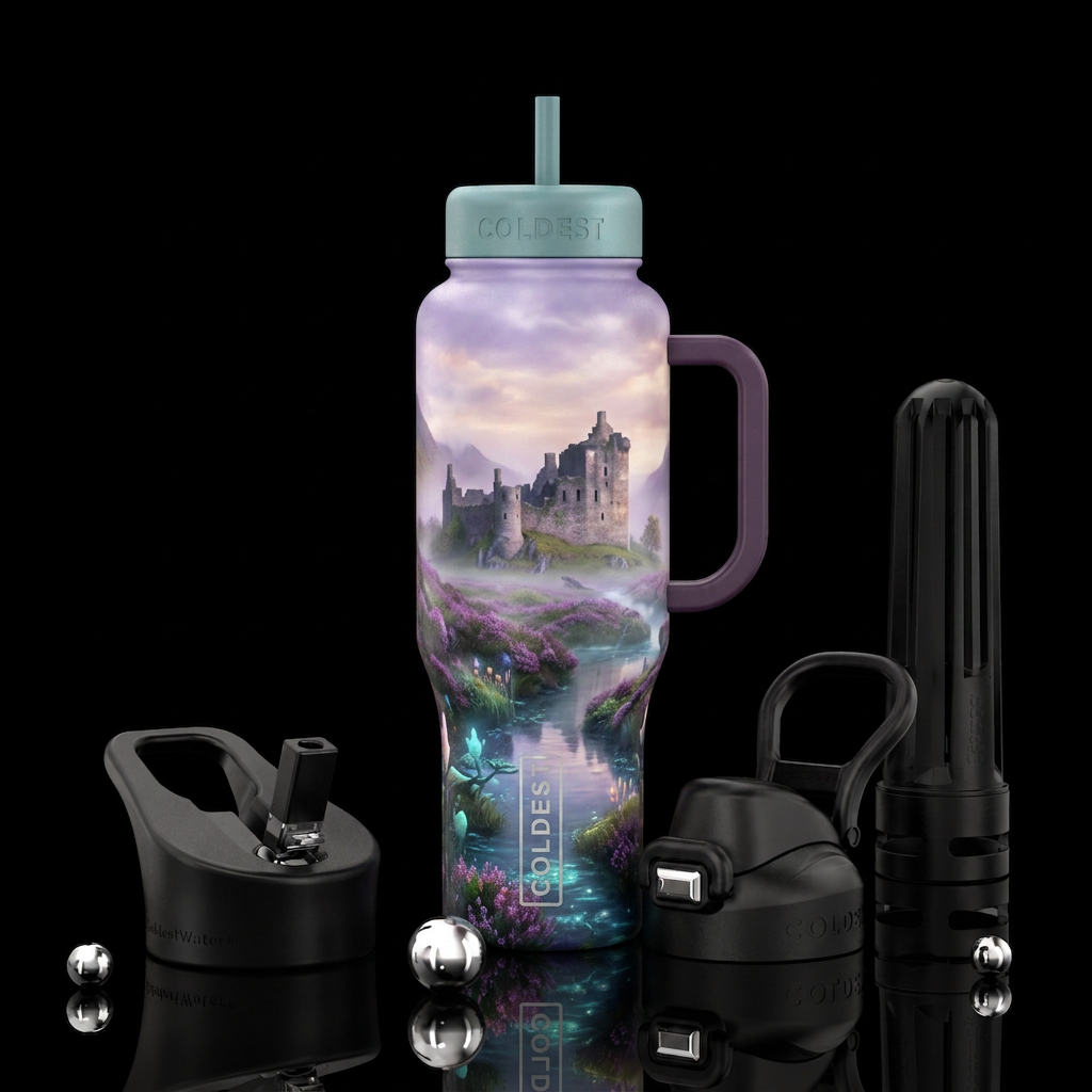Brigadoon, glossy, trompe-l'œil, beautiferous, viv... water bottle design